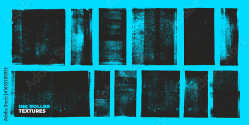 Linocut stamp texture collection. Grunge urban backgrounds set. Rough black ink roller textures. Hand drawn black paint stamp on bright blue bg. Street art distress overlay. Lino ink grungy remains.