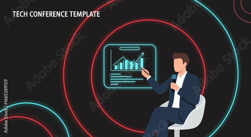 Technology Conference Speaker Presentation with Data Graphics on Modern Background