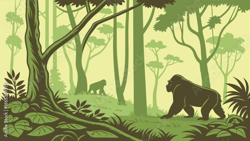 Illustration of two gorillas in a dense green forest with tall trees and lush vegetation scenery view