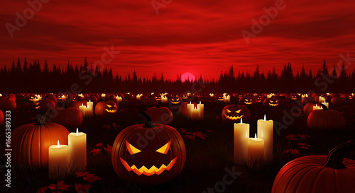 A spooky halloween night scene with pumpkins candles and a red sky landscape background view field