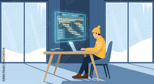 Winter project analysis: A man working on an analyst project in a cold environment focused on data