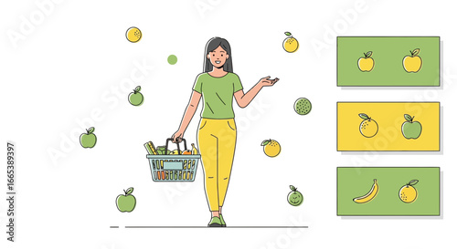 Woman shopping for healthy food illustration promoting well being and nutrition
