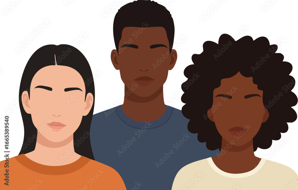 Fototapeta premium Diverse group of three young adults with different skin tones and hairstyles modern flat vector illustration 