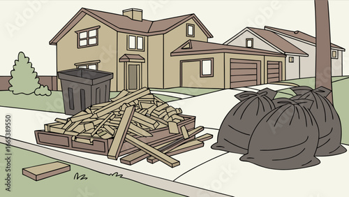 Illustration of a residential street with houses, debris, trash bags, and a garbage can near the curb