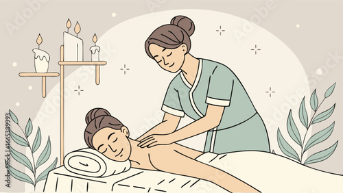 Woman receiving a back massage from a therapist with candles and plants in a spa setting illustration