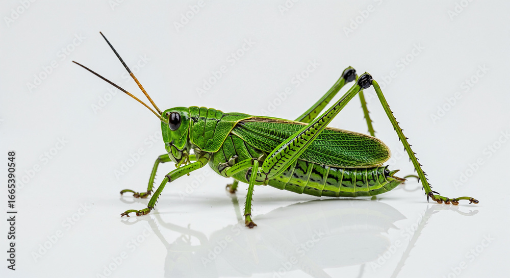 Fototapeta premium Close-up studio shot of a green grasshopper on a white background