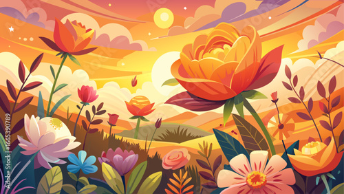 Nature-inspired background unfolds with summer flowers, warm hues glowing softly in radiant light, timeless beauty whispers peace, eternal harmony inspires serenity, blossoms breathe endless joy benea