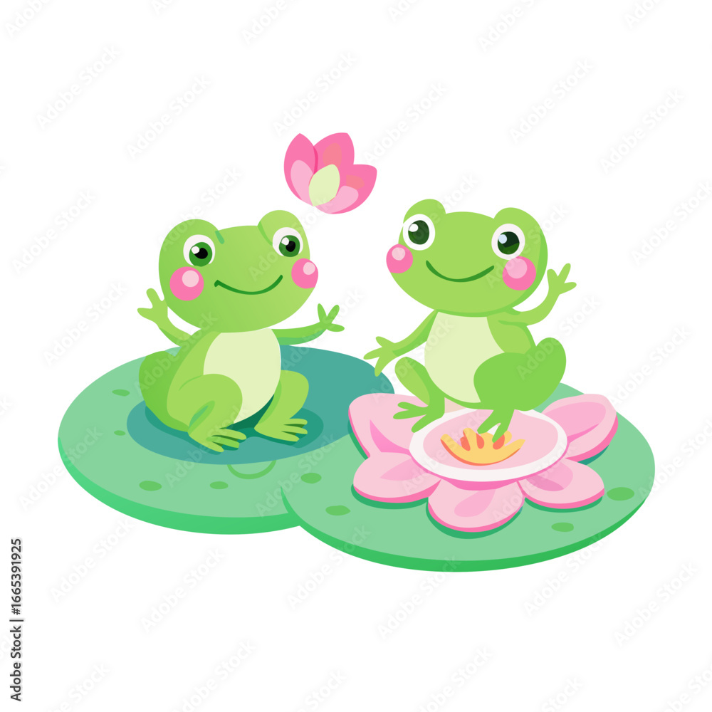 Naklejka premium Two cheerful frogs are sitting on lily pads