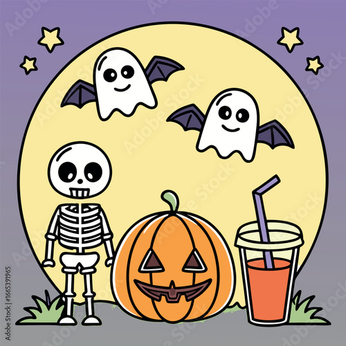 Whimsical Halloween night shows a pumpkin, skeleton, ghosts, and drink under starry moonlight