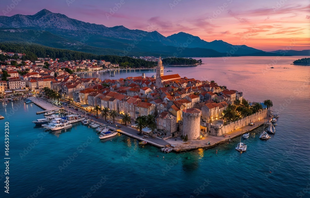 Fototapeta premium A stunning sunset casts a warm glow over a coastal town with boats anchored in the calm waters and mountains in the background