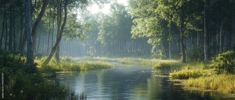 Fototapeta premium Serene morning mist rising over a tranquil river flowing through a dense forest, creating a peaceful natural landscape