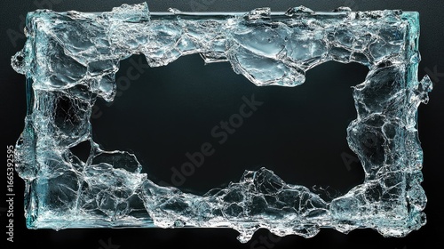 Transparent ice dissolving, creating crystalline border framing shadowy dark backdrop
