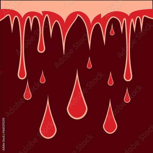 Dripping red paint or liquid artfully cascades down on a dark maroon backdrop