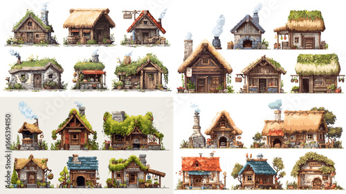 Charming watercolor illustrations of fantasy cottages and rustic houses with unique roofs and gardens. Perfect for fairytale design, storybooks, and game artwork.