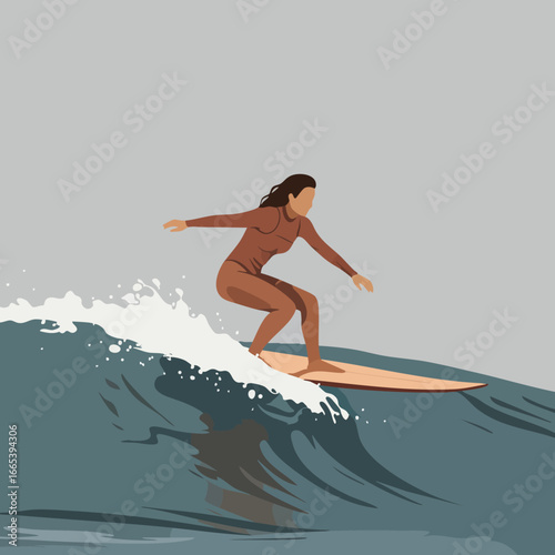 Female surfer riding ocean wave on surfboard in active water sport scene natural colors vector illustration 