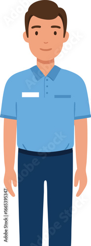 Young man standing in blue polo shirt and navy pants simple casual outfit vector illustration 