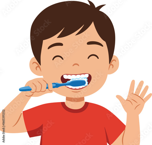 Boy Brushing Teeth with Toothbrush and Smiling in Red Shirt Daily Hygiene Routine Vector Illustration 