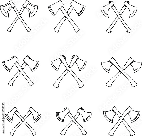 Crossed axes outline vector icons, great for wilderness emblems, hiking adventure graphics, logging company logos, and vintage outdoor designs.