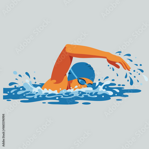 Swimmer in blue cap performing freestyle stroke with splashing water vector illustration 