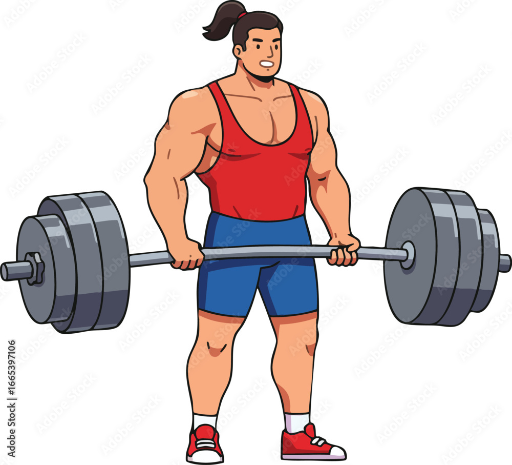 Fototapeta premium Muscular man lifting heavy barbell with weights fitness strength training exercise vector illustration 