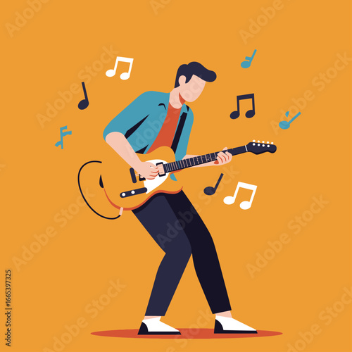 Faceless male musician in a dynamic pose playing a yellow electric guitar with musical notes.
