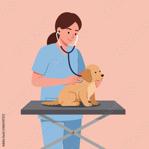 Female veterinarian in blue scrubs examining a calm golden puppy with a stethoscope on a medical table.