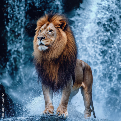 Lion standing in the mist of a waterfall, water spraying around its muscular frame, mythic and awe-inspiring presence, copy space.  © Supawit