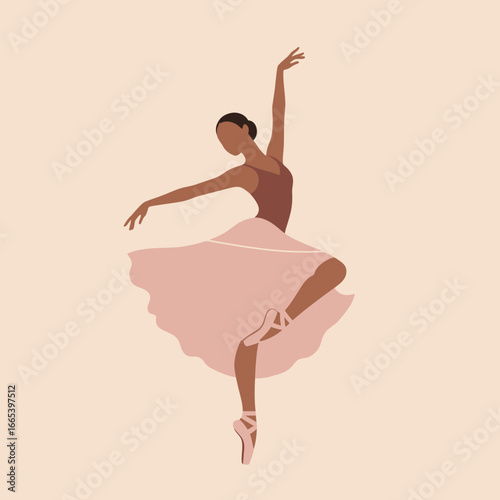 Graceful darkskinned ballerina in a minimalist style dancing in a pink skirt and pointe shoes.