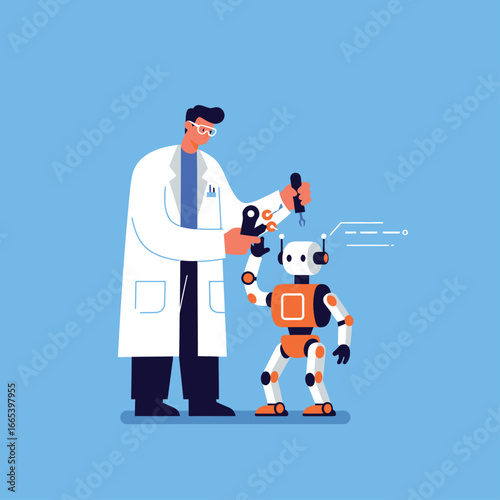 Scientist in a white lab coat repairing a small, friendly orange and white humanoid robot.