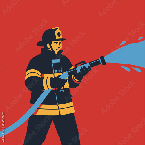 Stylized firefighter in protective gear with a serious expression, holding a hose spraying a jet of water.