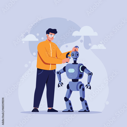 Young male engineer in safety glasses assembling the head of a blue humanoid robot with a tool.