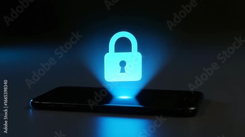 Digital security is represented by glowing hologram lock displayed on mobile phone screen, indicating data protection.