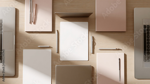 Flat lay perspective of empty meeting table with blank documents, sleek metal pens, closed muted-color laptops on light wooden surface, minimalist professional composition