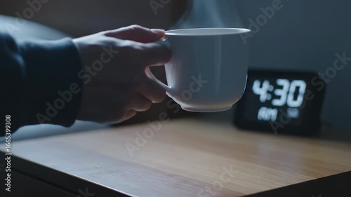 Early Morning Routine - A Persons Hand Holding a Hot Coffee Mug by a Digital Clock at 4 -30 AM.