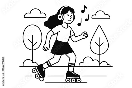 Happy young woman roller skating outdoors listening to music