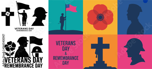 Veterans Day remembrance vector with soldier silhouette, cross, poppy flower, flag and tribute elements honoring military service and national heroes