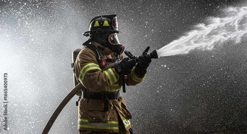 Fototapeta premium Firefighter in full gear spraying water with a hose against a dark and misty background scene