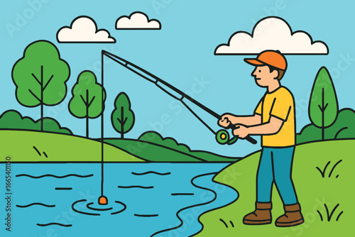 Young boy happily fishing by a calm lake on a sunny day