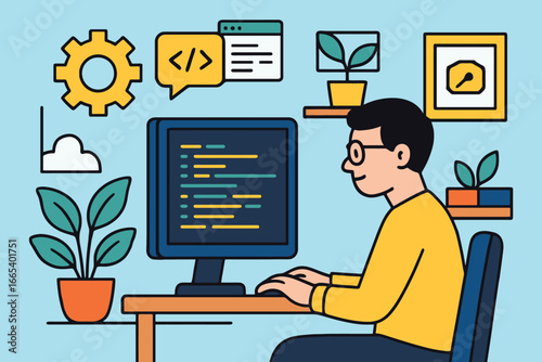 Programmer working on computer with coding and plant decorations