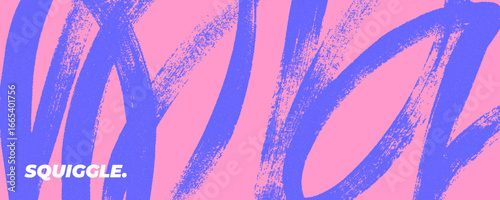 Grainy blue curved bold brush strokes background. Spray paint effect squiggly smear. Hand drawn vector background for posters or banners. Graffiti style pink template with blue noisy lines.
