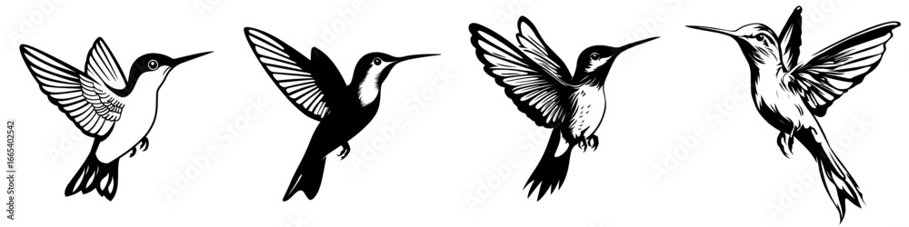 Fototapeta premium The hummingbird symbol features a black and white minimalist design suitable for tattoos, logos, and modern styles, isolated on a white background