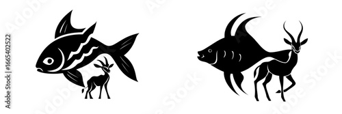 The design features a modern take on an illustration, combining an antelope's head with the silhouette of a fish in a straightforward black and white color scheme