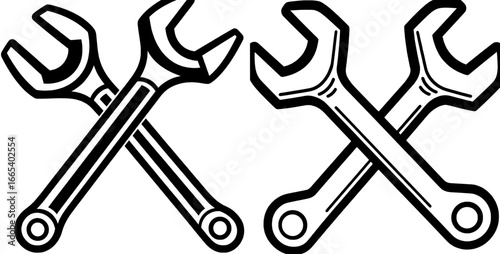 The wrench icon illustration features a set of icons in black and white, embodying a simple and minimalist design on a white background