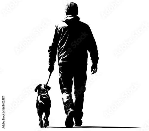 Modern black and white illustration of a man walking with his dog in silhouette
