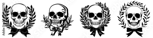 A human skull is encircled by a laurel wreath and ornate ribbon, representing victory and mortality in a sketch engraving created with modern generative AI, resembling a scratch board in black and