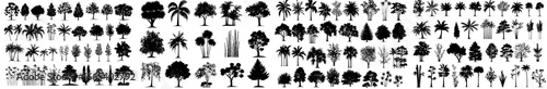 A collection of modern tree silhouettes featuring various nature-inspired designs, including branches, leaves, and forests, in a sleek black illustration