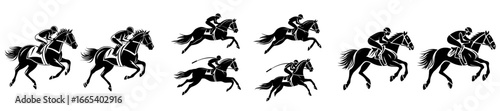 Outline illustrations of galloping horses with jockeys on them set against a white background in black and white