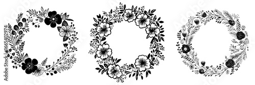 The Floral Wreath Silhouette features a classic black silhouette of a delicate and intricate floral wreath, providing a timeless design element for invitations and cards