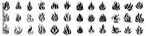 A set of five hand-drawn fire flames in black and white is offered, ideal for incorporating a fiery feel into graphic design projects, tattoos, or other creative endeavors