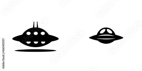 A classic black and white silhouette of a flying saucer, perfect for sci-fi designs, space-themed projects, and futuristic imagery, is represented by the UFO Icon
